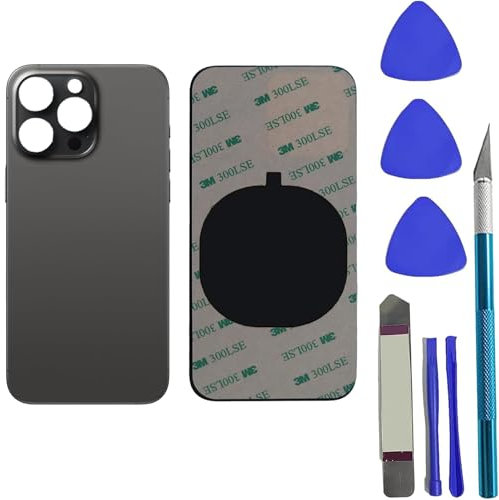 Peixiong 15 Pro Rückglas Ersatz für iPhone 15 Pro Rear Back Glass Cover Ersatz mit vorinstalliertem Kleber + Reparaturwerkzeug-Kit (Black Titan)