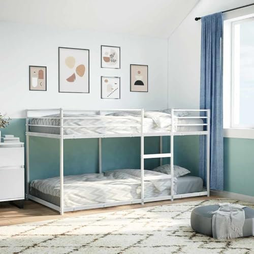 IKAYAA Cama Infantil de Hierro 90x190 cm con Escalera y Protección Anticaídas, Blanco