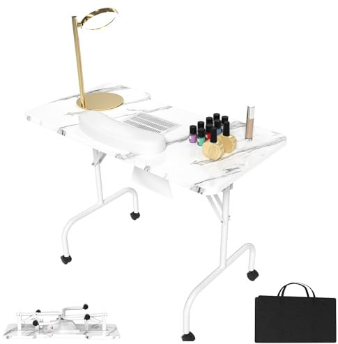 LZQ Nageltisch mit Absaugung Maniküretisch Faltbare mit Nagelstaubsauger Mobilesmanikürtisch für Staubabsaugung Nagelstudio, 94 x 48 x 72 cm- Weiße Maserung