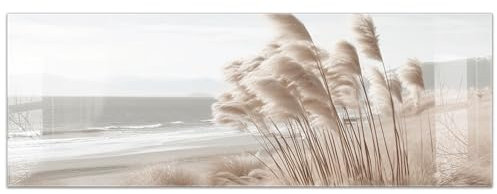 timalo Küchenbild aus Acrylglas modernes Wandbild Glasbild Deko Küche XXL Bild wie Glas | 140x50cm Natur & Strand – Pampasgras, Meer, Sanddünen, Beige Töne, Boho