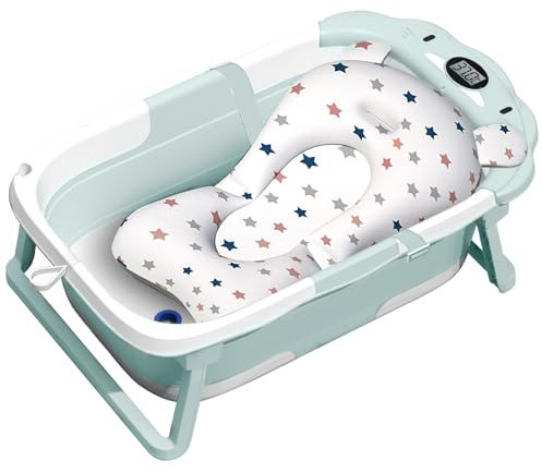 ITMNMNL Baignoire Pliable Bébé,Baignoire Bebe,Baignoire Bébé Pliable avec Thermomètre et Coussin de Bain,Baignoire Bébé,Idéal pour Cadeau de Naissance Fille ou Garçon - Convient aux 0-3 ans