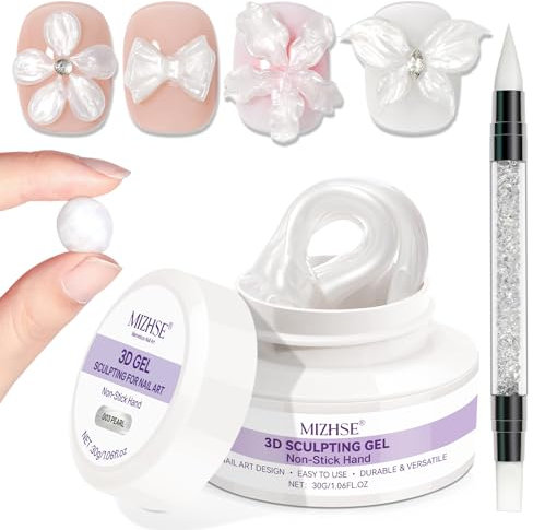 MIZHSE Pearl Weiß 3D Skulptur Nail Gel, 3D Gel Nail Art für Modellierung, Pearl Weiß Skulptur Nagel Glue Non Stick Hand, Rhinestone Glue für Nails Art mit Silikon Nagel Pinsel, 30g 1PC