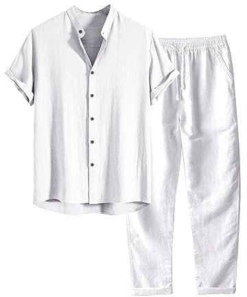 Générique Tenue d'été 2 pièces en lin pour homme, avec boutonnière, pantalon décontracté pour homme, 2 pièces décontractées, en lin, tenue d'été, col cubain, costume de marche