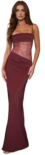 Sukiglam Robe Femme Sexy sans Manches Maxi Robes Transparente Dentelle Patchwork Chic Bretelles Spaghetti Col Carré Robe Longue Moulante Ete Elégant Dos Nu Robes de Soiree Cocktail Clubbing Fête