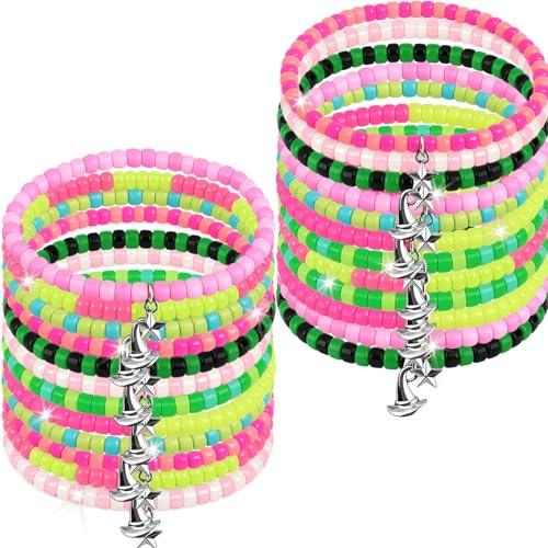 Yuxung 24 Pcs Witch Party Favors Pink and Green Friendship Bracelets Star Bracelets Bulk Stackable Bead Merchandise Princess & Witch Hat Movie Fan Gifts for Bff Couples Birthday Accessories