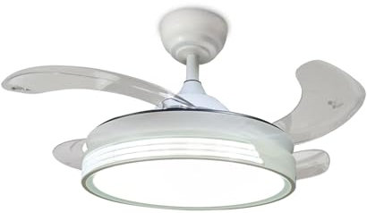 Azabak Ventilador de techo con luz led, 4 Aspas plegables transparentes, Motor DC Silencioso, 6 Velocidades (Blanco, ø90cm)