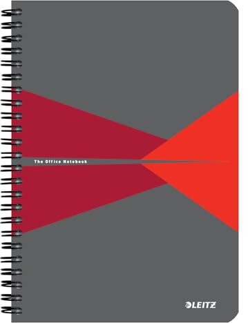 Leitz Office Collegeblock A5 kariert, Notizbuch mit Spiralbindung, PP-Einband, 360 Grad Öffnung, 180 Seiten/90 Blatt FSC-zertifiziertes Papier (80 g/m²), für Büro & Schule, Rot, 44981025