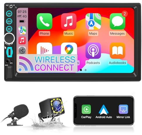 Radio Coche 2 DIN Compatible con Carplay,7 Pulgadas Radio Coche Bluetooth Pantanlla Táctil soporta Manos Libres/FM/Mirror Link/USB/AUX,Autoradio con Cámara Trasera,GPS Navigation (Wireless CARPLAY)