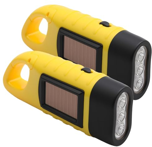 Wind Up Solar Torch LED Hand Crank Camping Flashlight with Solar Powered | 2 Pack Solar & hand crank rechargeable flashlight, bright portable emergency torch w/ carabiner for camping survival