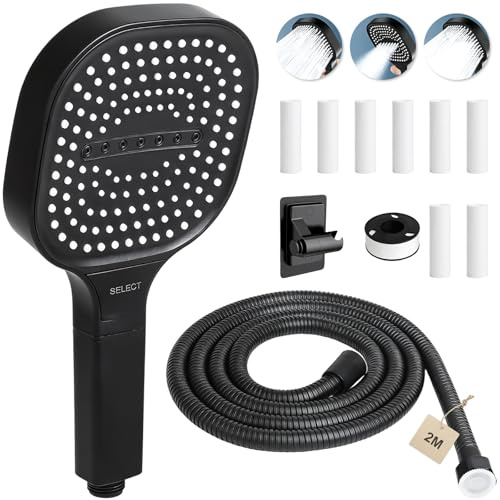 FALSKT Duschkopf Schlauch 2M Duschbrause 130MM Panel 3Strahlarten Schwarz | Regendusche Duschkopf Wassersparend Brausekopf Dusche Handbrause mit Antikalk-Funktion,8 Shower Filter,Duschhalterung