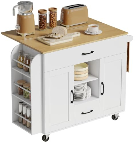 HOMCOM Kücheninsel auf Rollen mit 2 Schubladen 115x40(70) x89 cm Weiß | 2 Soft-Close-Türe, Ausklappbare Arbeitsfläche, Küchenwagen, Servierwagen mit Gewürzregal, Handtuchhalter, Verstellbare Regale