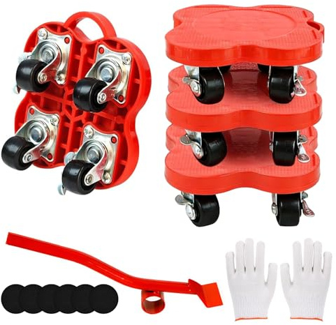 Furniture Sliders Moving Kit with 4 Wheels Heavy Duty Furniture Lifter Tool 360° Transport Rollers, Heavy Furniture Mover Tool Set with Brake for Freezer Fridge Sofa Cabinet Bed,1100Lbs Max Load - Red