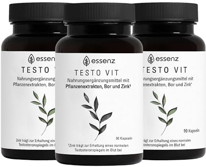 ESSENZ - Testo Vit 90 Kapseln - Natürliche Testo Vit Kapseln mit Ashwagandha-, Bockshornkleesamen- & Schwarzes Maca-Extrakt. Zur Förderung des Wohlbefindens (3 x 90 Kapseln)