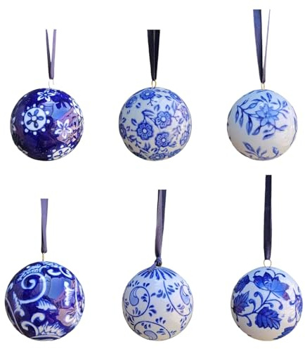 Set da 6 pezzi in ceramica blu e bianca ornamenti a sfera di Natale in stile tradizionale cinese decorazione albero festival ceramica albero di Natale palla fiore blu ornamento per decorazioni per la