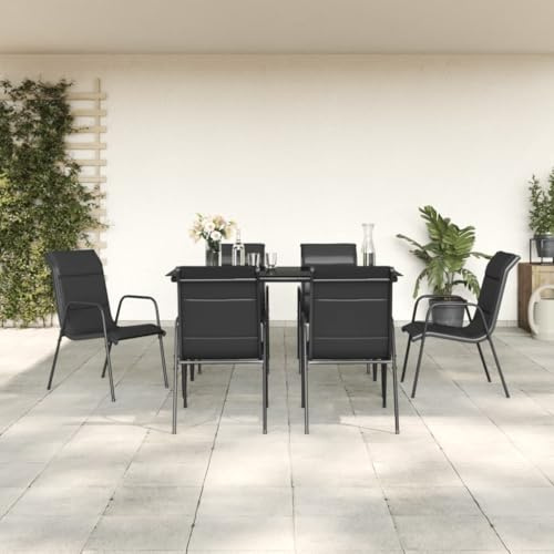 JHQHSM Salon de jardin 7 pièces en acier et textilène noir avec revêtement par pulvérisation et verre trempé - Meubles de terrasse robustes pour l'extérieur - Rembourrage résistant aux intempéries