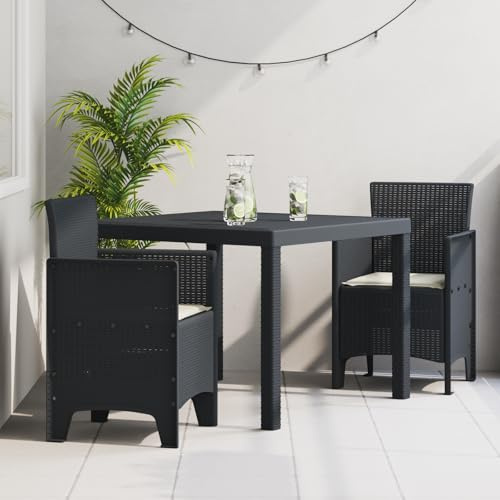 EDNRSOG 3-TLG. Garten-Essgruppe mit Kissen Anthrazit Poly Rattan, Quadratischer Tisch und 2 Stühle für Balkon und Terrasse, UV-beständig und wasserfest mit modernem Design