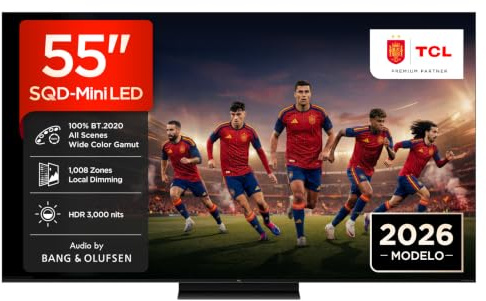 TCL 55C8L – Smart TV SQD‑Mini LED 4K HDR10+ da 55, 3.000nit | 1,008 Dimming Zones, Dolby Vision IQ & Atmos, 144Hz VRR, Audio by Bang & Olufsen