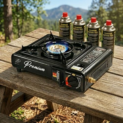Butane Gas Stove + 4 Butane Cans Portable Cooker in Carry Case 2 4 8 12 Gas Bottles Camping BBQ Kit Camping Stove with Automatic Ignition & Heat Control (Black stove with butane gas)