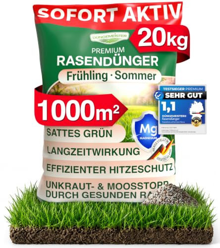 Rasendünger Sommer 20 kg für bis zu 1000 m² – Sofortwirkung für sattes Grün – Langzeitwirkung – Streuwagen geeignet – Rasen Dünger für Zierrasen, Spielrasen & Gebrauchsrasen