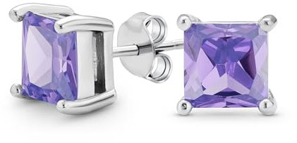 Lila Quadratische Zirkonia Brilliant Princess Schliff AAA CZ Ohrstecker .925 Sterlingsilber Simulierter Amethyst