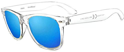 iceBoo Sunglasses reflective lenses Vintage Classic unisex frame UV400 (Transparent Frame Blue Outer lens 0844)