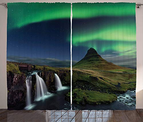 ABAKUHAUS Nordlicht Rustikaler Vorhang, Wasserfall Nacht, Wohnzimmer Universalband Gardinen mit Schlaufen und Haken, 280 x 225 cm, Emerald Grün