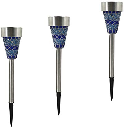 2x 3er Set MOSAIK LED-Solar-Garten-Leuchte-Lampe, Edelstahl, Mosaik-Glas blau, H: 37 cm, D: 7,2cm, Blumentopf-Wege-Party-Dekorations-Stimmungs-Leuchte-Lampe (2 x 3er Set Blau)