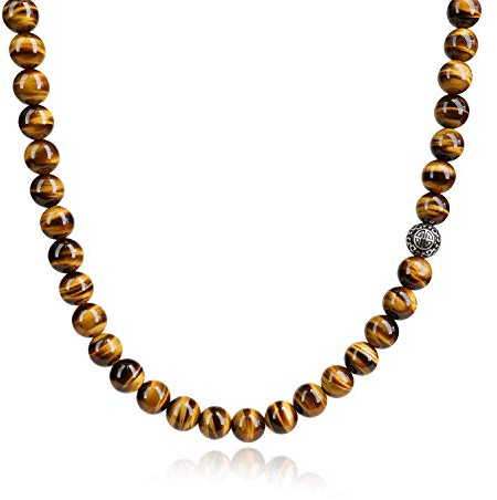 COAI Geschenkideen Herren Halskette aus Tigerauge Perlenkette Bead Kette mit Chinesischer Langlebigkeit Charm aus Silber 55cm