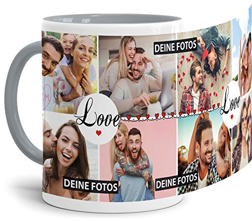 Tasse mit Spruch Love zum SELBSTGESTALTEN mit Foto-Collage für 8 WUNSCHFOTOS - Fototasse personalisiert - Persönliche Geschenkidee für Freunde und Familie - Innen & Henkel Grau