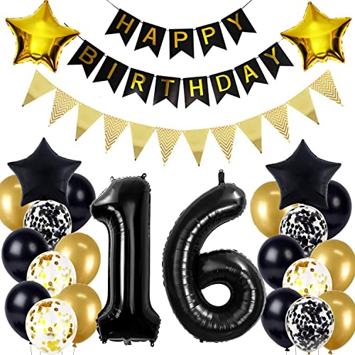 16. Geburtstag Dekoration Schwarz gold, Geburtstagsdeko 16 Jahr Junge, 16 Geburtstag Deko Mädchen, 16 Ballon Geburtstagdeko set, Luftballons 16. Geburtstag Party Deko 16 Geburtstag Junge Mädchen