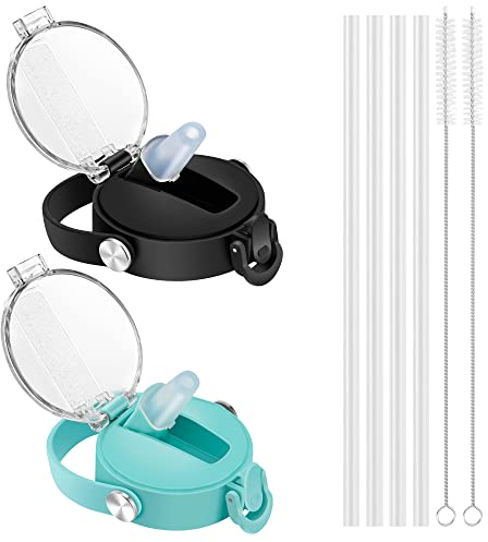 HYDROWION 2 Pack Auto Flip Straw Lid with Button Lock for Wide Mouth Water Bottle 12, 18, 24, 32, 40, 64oz, Great Lid for Hydro Flask, Takeya, Iron Flask,Black&Blue