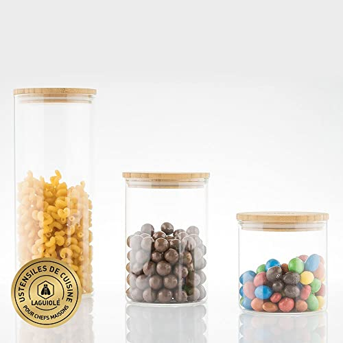 LAGUIOLE - 3 runde Gläser aus Bambusglas, 700 ml/800 ml/1500 ml