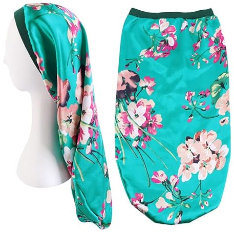 2 Pezzi Cuffia per Dormire Cofano Lungo in Raso Cofano in Seta per Dormire Notte Cappello per Dormire Cofano in Seta Cuffia per Dormire Copricapi Fascia Elastica per Donne e Ragazze (Nero, Verde)