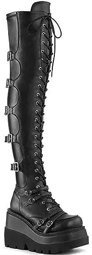 BINDT Overknee-Stretch-Stiefel aus Leder für Damen, Gothic-Punk-Stiefel mit hohem Absatz, klobige Block-Plateau-Keilabsatz-Schnürstiefel, oberschenkelhohe Biker-Stiefel,Schwarz,42
