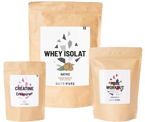 Nutripure | Pack Prise de Muscles | Whey Isolate Native + Créatine Monohydrate Poudre + Pre Workout (EAA, BCAA) | Idéal pour Musculation, Prise de Masse Musculaire, Fatigue Musculaire | Goût Noisette