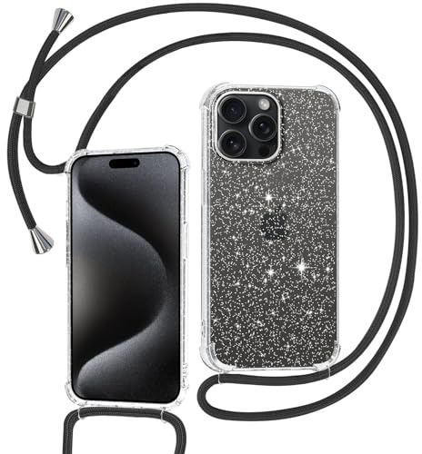 Tikgue Handykette für iPhone 15 Pro Hülle mit Band, Handyhülle mit Kordel zum Umhängen Schutzhülle mit Kette Glitzer Transparent Weich TPU Silikon Bumper - Schwarz