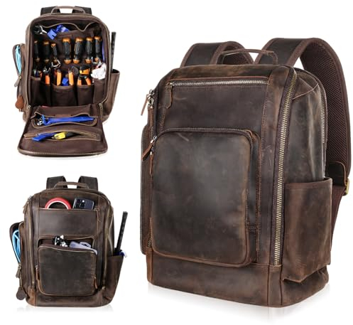 Fshsup Leather Tool Backpack - Genuine Leather Tool Bag - Heavy Duty - Brown - Medium - 2L - Motorcycle Mechanic Electrician Woodworker Hobbyist