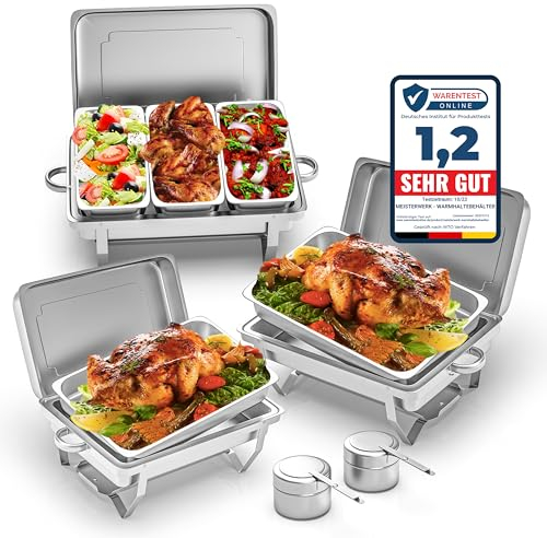 MEISTERWERK Warmhaltebehälter Essen (3er Set) - Erstklassiger 410 Edelstahl Chafing Dish - Warmhaltebehälter für Speisen inkl. Anleitung - Speisenwärmer ideal für Events & Partys