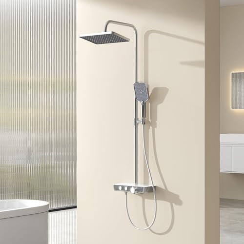 EMKE Colonna doccia termostatica, doccetta a 3 livelli con getto a cascata, set di colonne doccia, set doccia con ripiano in vetro, certificazione KTW, cromo