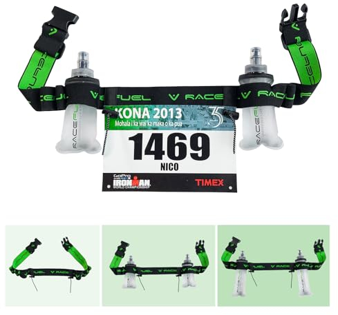 RaceFuel Triathlon Startnummernband Laufgurt mit Tasche für Handy mit Nummernhalter & 6 Halter Softflask oder Gel für Joggen Radfahren Marathons (Ohne Tasche + 2x150ml Flask)