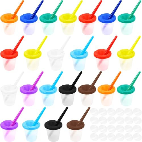 48 Pcs Kids Paint Cups Including 24 No Spill Paint Cups with Lids Spill Proof Paint Cups with 24 Toddler Paint Brushes for Boys Girls Art Preschool Classroom Furniture Favor