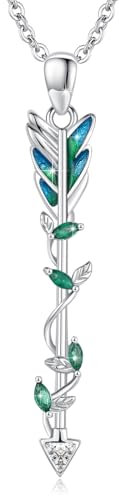 Pfeil Kette Damen Feder 925 Sterling Silber Blauer Feder Anhänger Halskette mit Grünen Blättern Zirkonia Feder Schmuck Geschenk für Mädchen