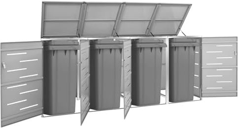 Cinyiqo Quadruple Wheelie Bin Shed 276.5x77.5x112.5 cm Stainless Steel Garden Wheelie Bin Hideaway Waste Bin,Storage Shed w/Locking Doors Assisted lift up Lid easy use Outdoor Hygienic Dustbin Unit Co