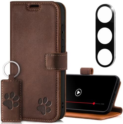 SURAZO Leather Mobile Phone Case for Samsung Galaxy S25 Case with Camera Protection and Stand - Premium Genuine Leather Protective Case with Card Slot, RFID Protection, Paw Motif - Flip Case Leather