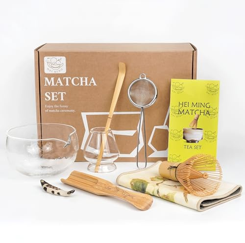 HEI MING Matcha Set hat 8 Teile, Zeremonielles Matcha Tee Set, Glas Matcha Schale und handgemachter Matcha Schneebesen