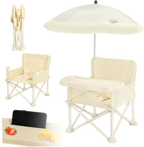 Baby Camping Chair Foldable Baby Beach Chair with Umbrella & Tray Stable Toddler Camping 66lbs Loads Travel High with Safety Belt for 6 Month +, Beach, Lawn.
