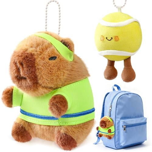 KELENO 2 Pièces Mini Peluche Capybara Porte Cle avec Vêtements & Peluche Balle de Tennis Porte clé pour Clés, Gourde, Cartable, Pinata Cadeau Anniversaire Enfants Invites pour Passionnés de Sport