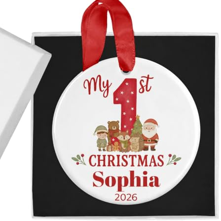 Personalised Baby's First Christmas Bauble with Gift Box for Boy or Girl - Woodland Animal Design - Custom Name & Year - Ceramic Tree Ornament Decoration Keepsake for My 1st Xmas (Red)