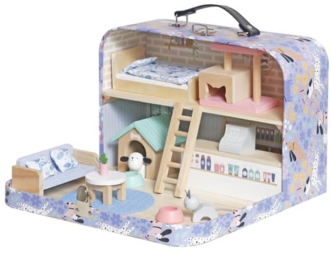Tragbares Puppenhaus im violetten Koffer – 2-stöckiges Holz-Spielhaus mit Leiter & liebevollem Pastell-Zubehör | Komplettes Set für Kinder, 1000g leicht, ideal für unterwegs
