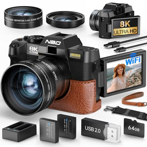 NBD 8K 64MP Appareil Photo numérique avec autofocus, Zoom numérique 16x, F1.8 Ouverture, Écran IPS 3 180°, WiFi + Housse Cuir sur Mesure & Dragonne en Cuir + Carte 64GB (Noir)